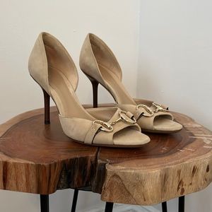 Gucci Horse Bit Peep Toe Suede Heels